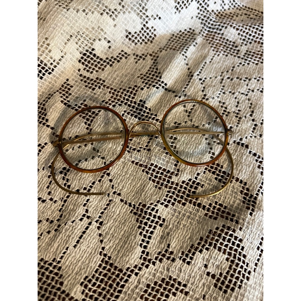 Antique Round Windsor Eyeglasses Gold Tone Tortoise Rim Cable Temple Spectacles